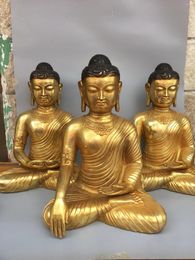 Decorative Figurines 18"Tibet Temple Collection Old Bronze Cinnabar Gilded Sambo Buddha Phra Sompo A Set Sitting Worship Hall Town House