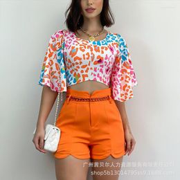 Women's Tracksuits Leopard Print Bell Sleeve Top & Shorts Set Women Matching Sets Two Piece Streetwear Orange Y2k Crop E-girl Short