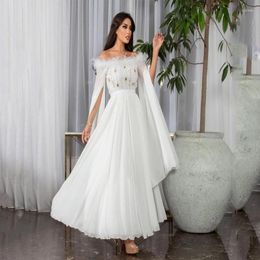 Party Dresses Luxury White Mermaid Arabic Dubai Evening Dress With Cape Feather Crystal Formal For Women Wedding Prom Gowns