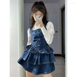 Work Dresses Sweet Spicy Girl Polo Neck Shirt Suspender Mini Dress Denim Skirt Wrapped Waist Thin Two Piece Set Autumn