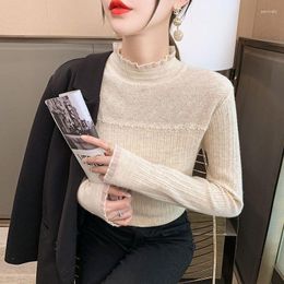 Women's Sweaters Lace Spliced Half Height Collar Pearl Inlay Design Basic Daily Style Thick Autumn Winter Slim Keep Warm Pullovers Ladies