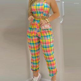 Women's Two Piece Pants Plaid Colorblock Crop Top & Pocket Design Set Women Sleeveless Camis Tanks Tops High Waist Summer Spring