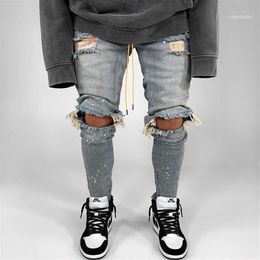 Men's Jeans Men Big Knee Hole Ripped Pencil Pants Biker Skinny Slim Frayed Denim Trousers Fashion Hip Hop Jean207S