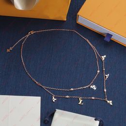 Luxury designer rose gold double chain with Alphabet flower Zircon geometry Pendant Necklaces, women's fashion classic, banquet, Valentine's Day, Christmas