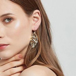 Dangle Earrings Leaf Drop Hammered Glitter 18K Gold Plated Statement For Women