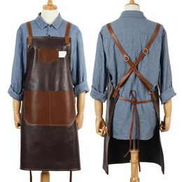 New BBQ Leather PU Apron Bib Leather Straps Chef Kitchen Apron for Women Men Pockets barber cook Restaurant Waitress 201007275Y