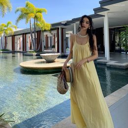 Casual Dresses French Yellow Suspender Dress Loose Lazy 2023 Summer Style Backless Sexy Maxi Long Vacation Beach Women