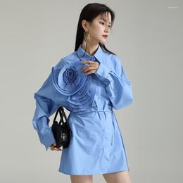 Casual Dresses Women Blue Shirts Pleated Three-dimensional Flower Autumn Long Sleeves Light Luxury French Loose Dress Lapel Lace Up