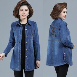 Women s Jackets 2023 Spring Autumn Female Denim Jacket Embroidered Flowers Mid Length Jean Outwear Single Breasted Slim Trench Coats 230821