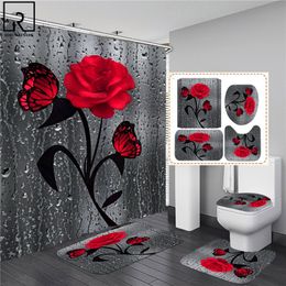 Shower Curtains 5 Colours Rose Print 3D Shower Curtain Waterproof Polyester Bathroom Curtain Anti-slip Bath Mat Set Toilet Rugs Carpet Home Decor 230820