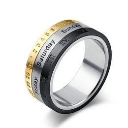 Men Anxiety Rotatable Calendar Finger Ring Time Week Date Mood Numerals Fashion Black Spinner Rings for Men Treatment Fidget