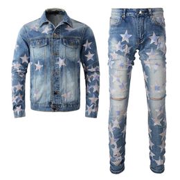 Light Blue Tracksuits Ripped Holes Men's Jeans Sets Spring Autumn Star Patch Long Sleeve Denim Jacket Matching Stretch Skinny221S
