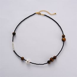 French Vintage Natural Black Agate Tiger Crystal Beaded Original Stone Necklace Collar Chain High Grade Light Luxury Charm