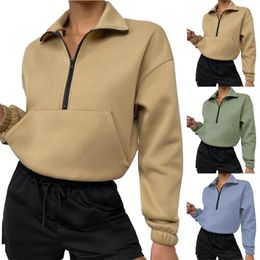 Women's Hoodies Solid Color Lapel Half Zip Loose Hoodie With Pocket Pullover Coat Sweatshirt Women Vintage Tie