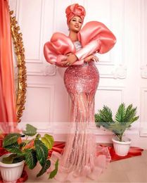 Beaded Pink Ebi Aso Satin Prom 2023 African Women Puffy Sleeve Evening Party Pageant Dresses Robes De Soiree