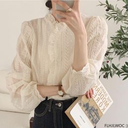 Women's Blouses 2023 Autumn Spring Korea Chic Tops Japanese Cute Sweet Girls Lady Design Single Breasted Women Lace Flower Shirts