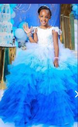 2023 Blue Ball Gown Flower Girl Dresses Tulle Tiers Lace Feather Vintage Little Girl Peageant Dress Gowns ZJ419