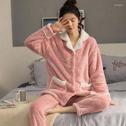 Women's Sleepwear Women Flannel Pyjama Sets Winter Warm Long Sleeve Thicken Plus Velvet Korean Style Leisure Female Pijama