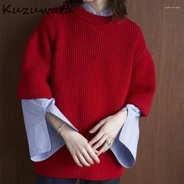 Women's Sweaters Kuzuwata 2023 Winter Clothes Women Red Colour O Neck Pullover Short Sleeve Pull Femme Literary Vintage Jumpers