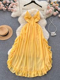 Casual Dresses SINGREINY Summer Vacation Strapless Dress Women Lace Up Design Elastic Split Long Sundress Ruffles Backless Camis Beach