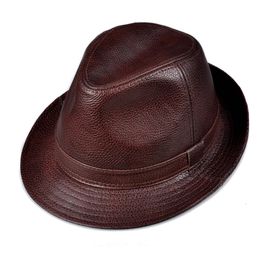 Wide Brim Hats Bucket Man High Quality Genuine Leather Jazz Fedora Gentleman Cow Skin Short BlackBrown Top Hat Male Shows Topper 230821