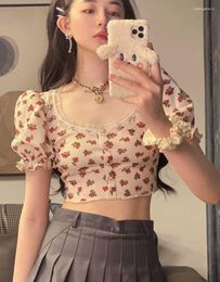 Women's T Shirts Clothes For Women 2023 Summer Retro Style Floral Short Shirt Square Neck Puff Sleeve Crop Top Trendy