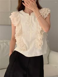 Women's Blouses Alien Kitty Chinese Style Elegant Lace Women Chic Slim Ruffles Sweet Sleeveless 2023 Summer Gentle Office Lady Blusas