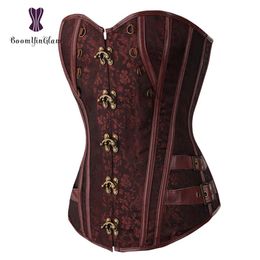 Waist Trainer Brocade Steampunk Jacquard Faux Leather Studded Overbust Brown Corset Bustier With Chains S-6XL 916#277z