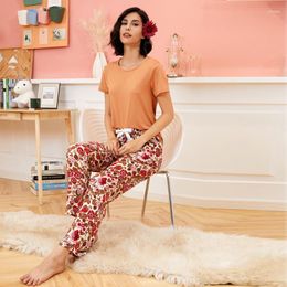 Women's Sleepwear KISBINI Spring Summer Women Homewear Flower Printed Pajamas Set Short-Sleeve T-Shirt Pants Female Soft Pyjamas