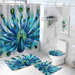 Shower Curtains Watercolor Peacock Feather Shower Curtain Set with Rugs Toilet Lid Cover Carpet Bath Mat Bathroom Shower Curtains Set Home Decor R230821