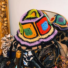 Berets Women's Handmade Crochet Bucket Hats Y2k Fashion Summer Beach Hat Korean Hollow Knitted