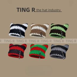 BeanieSkull Caps Little Devil Cat Ears Striped Knitted Beanie Hats for Women Y2k Style Autumn and Winter Warm Cute Punk Pullover Mens Cap 230821