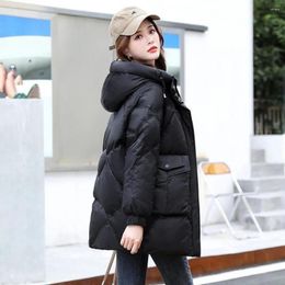 Women's Trench Coats Korean Women Winter Warm Mid-Length Thicken Solid Fashion Loose Slim Down Cotton Padded Hooded Coat Pockets Oversized