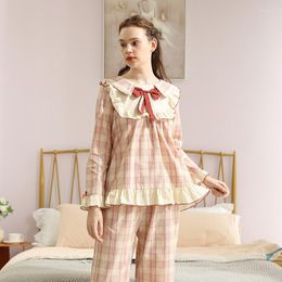 Women's Sleepwear 2023 Two Piece Pajamas Women Autumn Cute Bow Long-sleeved College Plaid Lace Home Service Suit Cotton Pajama Set