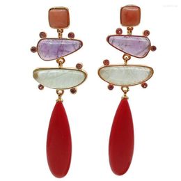 Dangle Earrings YYGEM Red Turquoise Teardrop Natural Prehnite Amethyst Cz Pave Gold Colour Plated Filled Stud Romantic Style