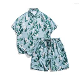 Men's Tracksuits 8-color Summer Flower Sets Men Fashion Printed Short Sleeved Shirt/Shorts Two-piece Mens Thin Ice Silk Set Hawaii M-5XL