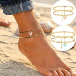 Anklets 2Pcs Stainless Steel Anklet Set For Women Acrylic Butterfly Charm Never Fade Chain On Leg Female Beach Ankle Bracelet Jewellery