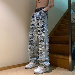 Men's Jeans American high street erosion destroys raw edge Y2K retro jeans men's trendy straight tube slim flared pants foreign trade 230818