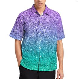 Men's Casual Shirts Glitter Print Purple And Green Beach Shirt Hawaiian Trendy Blouses Male Printed Plus Size