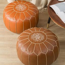 Cushion/Decorative Pillow Moroccan PU Leather Pouf Embroider Craft Hassock Ottoman Footstool Cover Round Artificial Leather Pouffe Cushion Unstuffed 230818