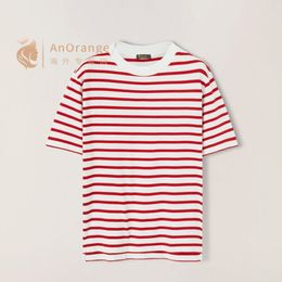 Mens T Shirts Summer loro piana Cotton Striped Round Neck Short Sleeve Shirt Blue Red