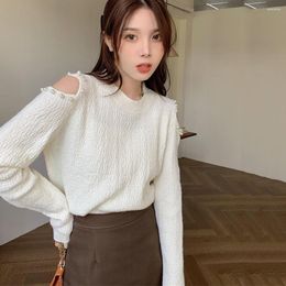 Women's Sweaters Korean Style Off Shoulder Pearl Sweater Winter Unique Knitted Pullvers For Women Early Autumn Chic Elegant Knitwears Top