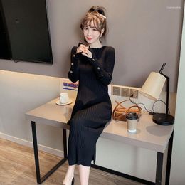 Casual Dresses Knitted Sweater Dress Women Autumn Winter O-neck Long Slim Knit Female Black High Waist Elegant Party Q523