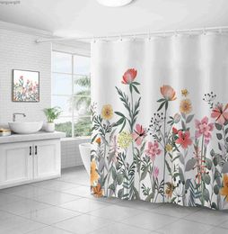 Shower Curtains Green Plant And Flowers Shower Curtains Waterproof Fabric Cloth Bathroom Decoration Supply Washable Bath Room Curtains R230821