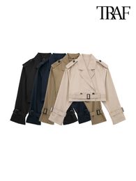 Women s Jackets TRAF Women Fashion With Belt Double Breasted Crop Jacket Coat Vintage Lapel Collar Long Sleeve Female Outerwear Chic Tops 230818