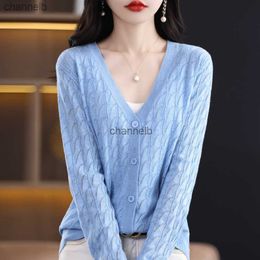 Women's Knits Tees 100% Pure Wool Cardigan Jacket Female Solid Colour New V-Neck Loose Cashmere Sweater Bottoming Casual Knitting Outside. HKD230821