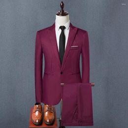 Men's Suits Groomsmen Outfit Stylish Business Workwear Set Lapel Slim Fit Pants Solid Colour Long Sleeve Single-breasted Design Male