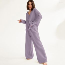 Women's Sleepwear Purple Pure Cotton V Neck Cardigan Wide Leg Pants Trouser Suits 2 Pieces Loungewear Fashion Pyjamas For Women