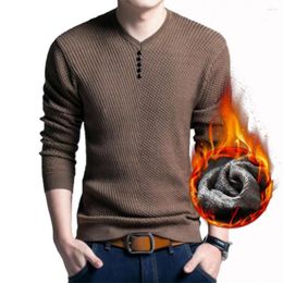 Men's Sweaters Men Solid Color Sweater Stylish V-neck Knitwear Warm Fleece Lining Button Decor For Autumn Winter Male