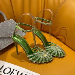 2024 Crystal-encrusted Stiletto heel sandals Ankle strap real silk spool pumps Women's Party Evening Shoes luxury designers high shoe factory footwear 35-42 With box